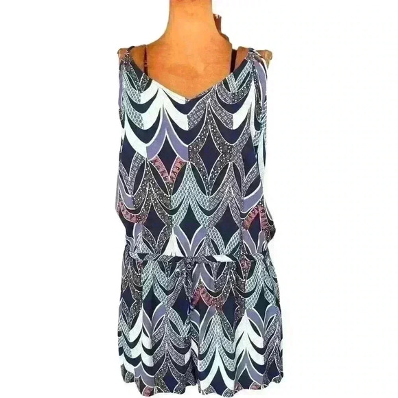 Chelsea 28 Sz LRG Purple Aqua Print Tank Romper Shorts Adjustable Straps Pockets - Picture 2 of 14